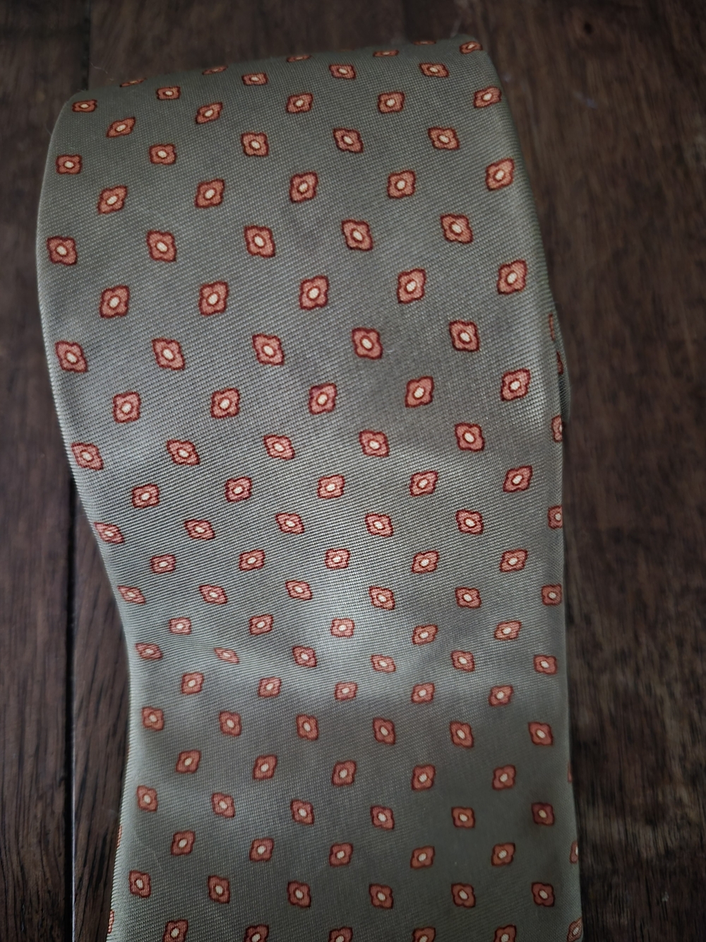 Geoffrey Beene Olive Green Tie with Rust Medallion Motif